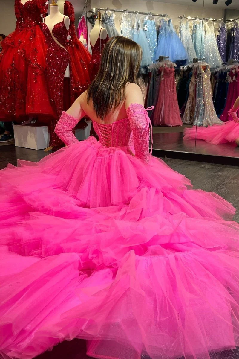 Hot Pink Off-Shoulder A-line Tulle Layers Applique High-Low Prom Dress