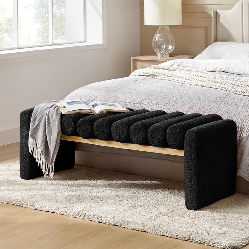 H-Frame Solid Wood Bench with Removable Round Bolster Cushions & Solid Wood Legs | Black / Sage / Yellow | Single