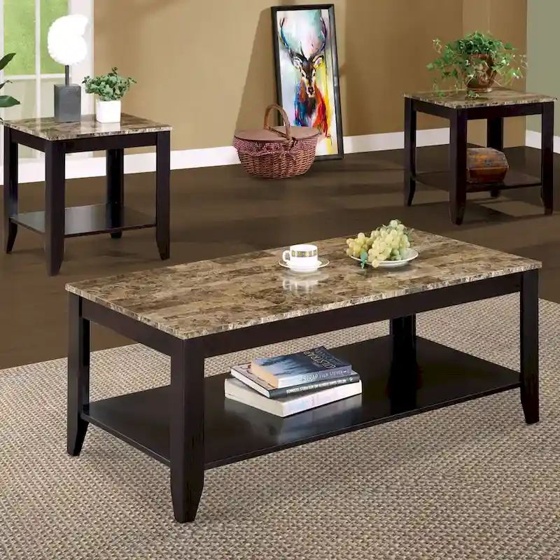 Artistic 3 piece occasional table set with Marble Top, Brown