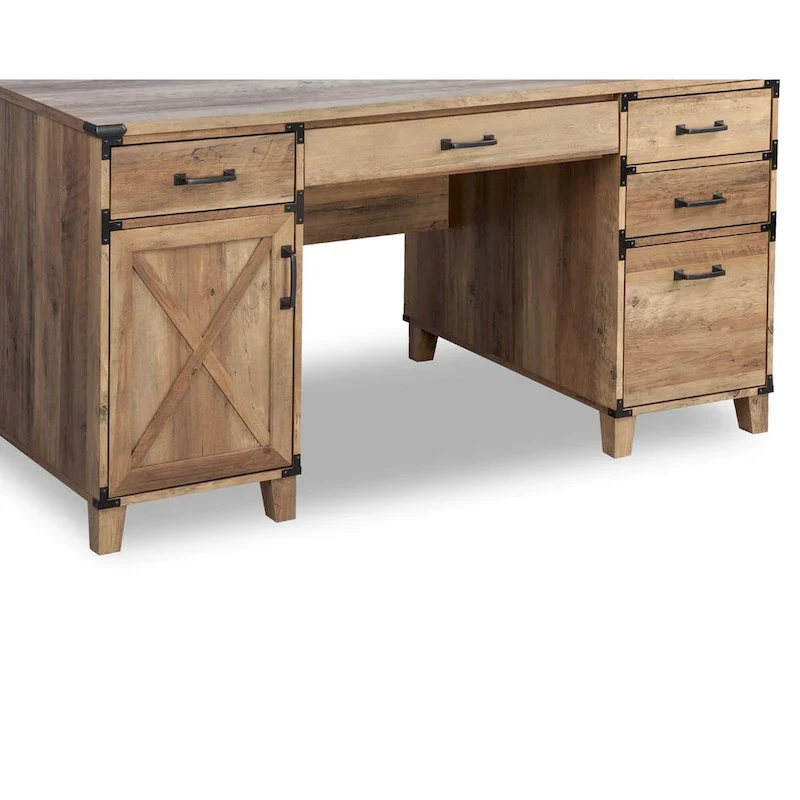 Farmhouse Pedestal Desk, X-Cross Cabinet Door, File Drawer, Keyboard Tray, Cable Management, Rustic Oak / Black, 1 Person