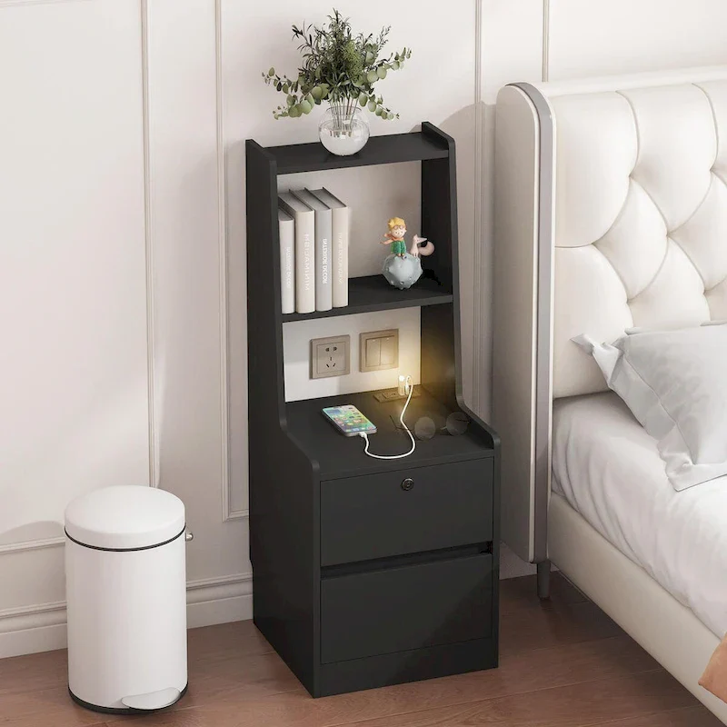White/Wood/Black Modern Nightstand with Charging Station & Voice Night Light, 1-User