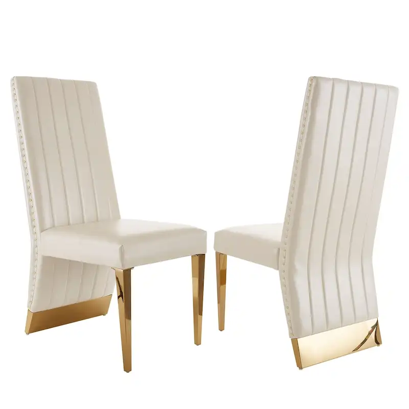 White/Gold High Back Tufted Dining Chair with Nailhead Trim, Metal Legs, Single Seat