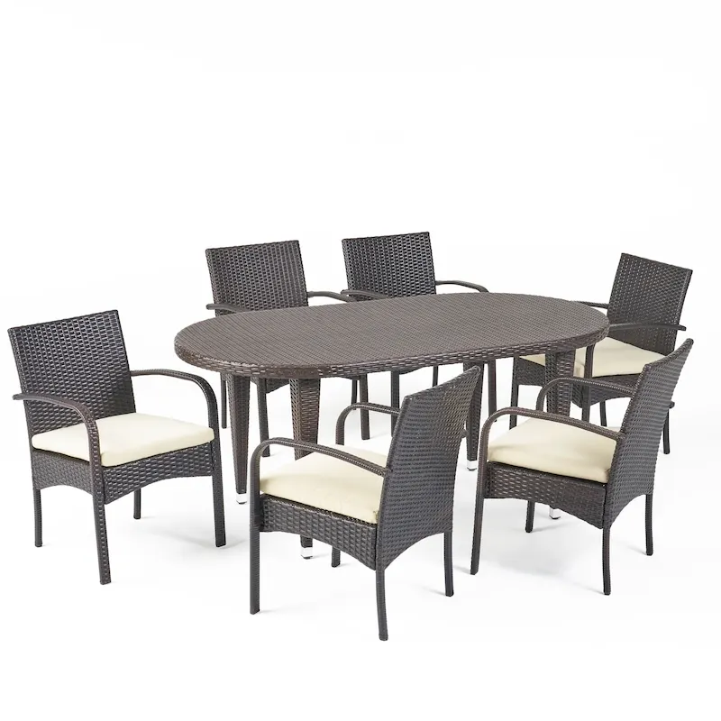 Carter Outdoor 7-piece Oval Wicker Dining Set with Cushions by Christopher Knight Home