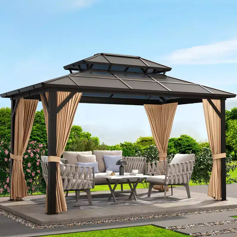 Hardtop Gazebo, 10'x13' Double-Layer Galvanized Steel Roof Gazebo, All-Season Aluminum Frame Pavilion with Privacy Curtains and Netting for Patio