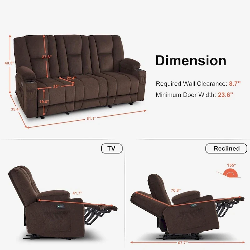 Electric Power Reclining Sofa with Massage and Lumbar Heat, Fabric