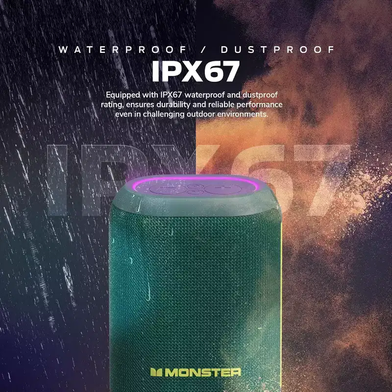Monster DNA One Portable Bluetooth Speaker, 360 Bass Sound, 10W Qi Wireless Charging Pad, IP67 Waterproof, Indoor/Outdoor Use, Dark Green/Volt