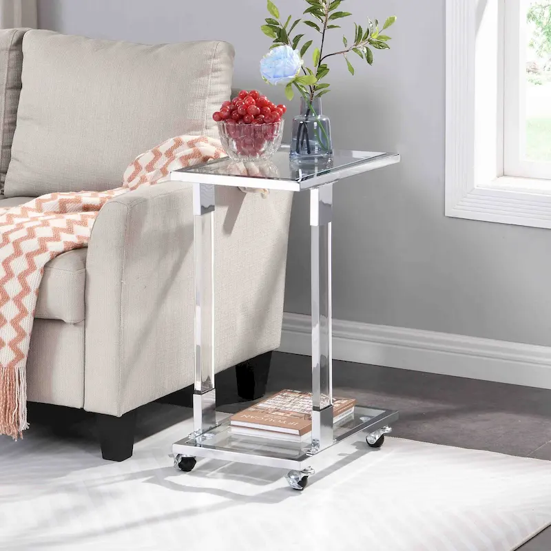 C-Shape Square Acrylic Side Table Sofa Table with Glass Top and Metal Base