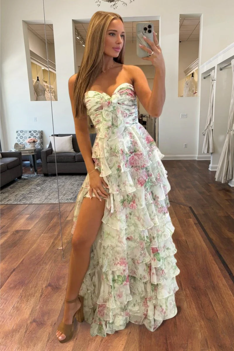 Ivory Strapless A Line Floral Chiffon Ruffled Formal Prom Dresses With Slit