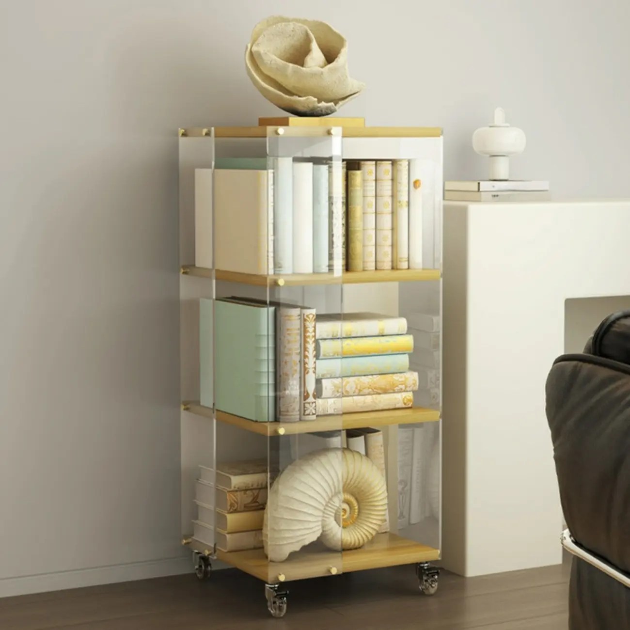 Acrylic 4-Tier Narrow Open Back Bookcase with Wheels