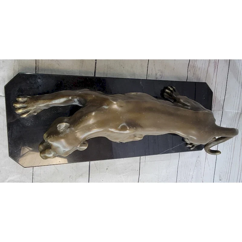Cougar Puma Panther Mountain Lion Bronze Sculpture Statue On Marble Base