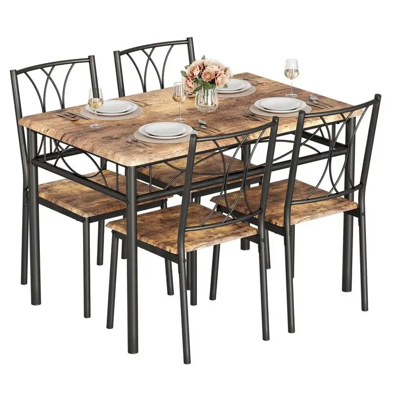 Brown Dining Table Set for 4, Industrial Style, MDF & Steel Frame