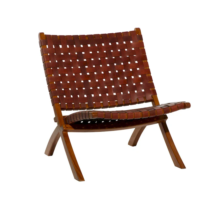 Leather Woven Folding Chair with Brown Wood Frame - Black or Brown - Roche River Decor