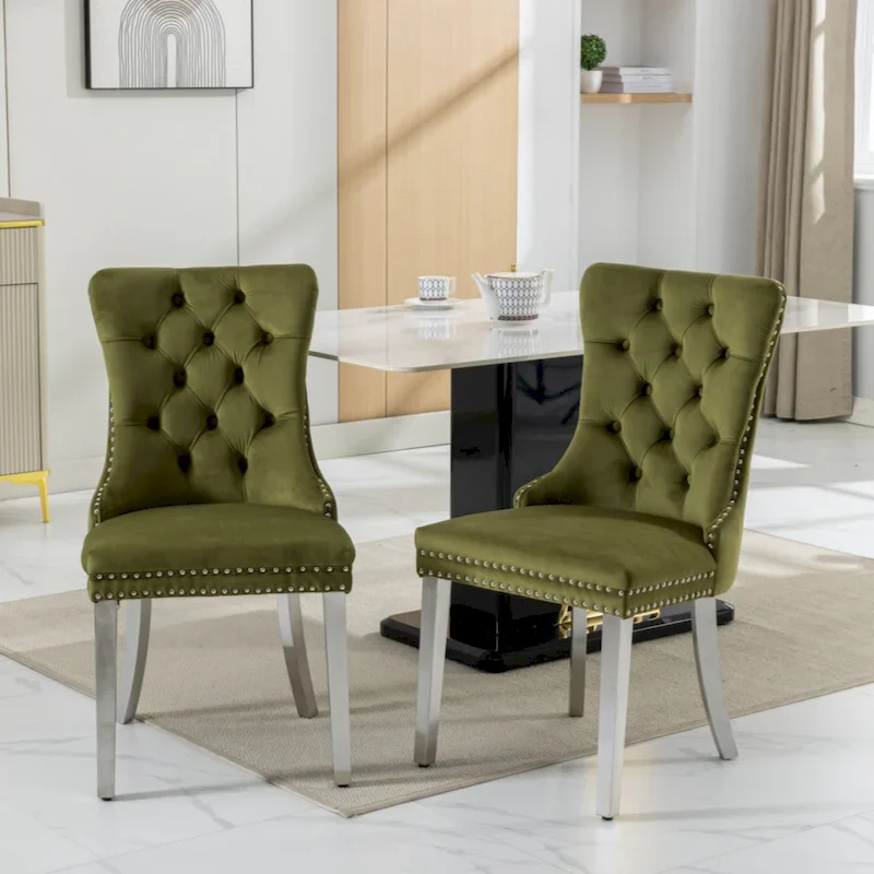 Olive Green / Purple Velvet Tufted Dining Chair, Chrome Legs, Seats 1