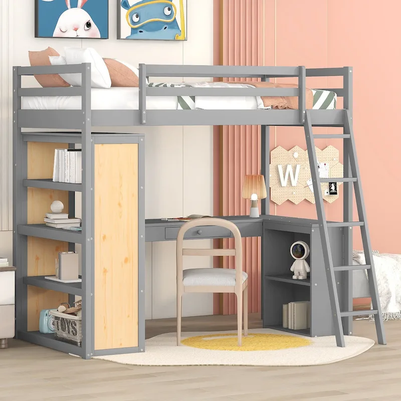 Twin Loft Bed with Desk and Shelves