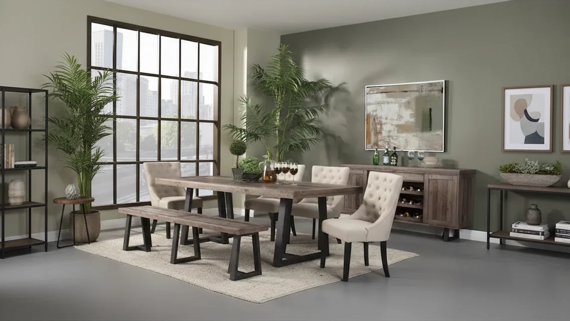 Rectangular Dining Table - Distressed Pine with Black Base, Seats 6 (Natural & Black)
