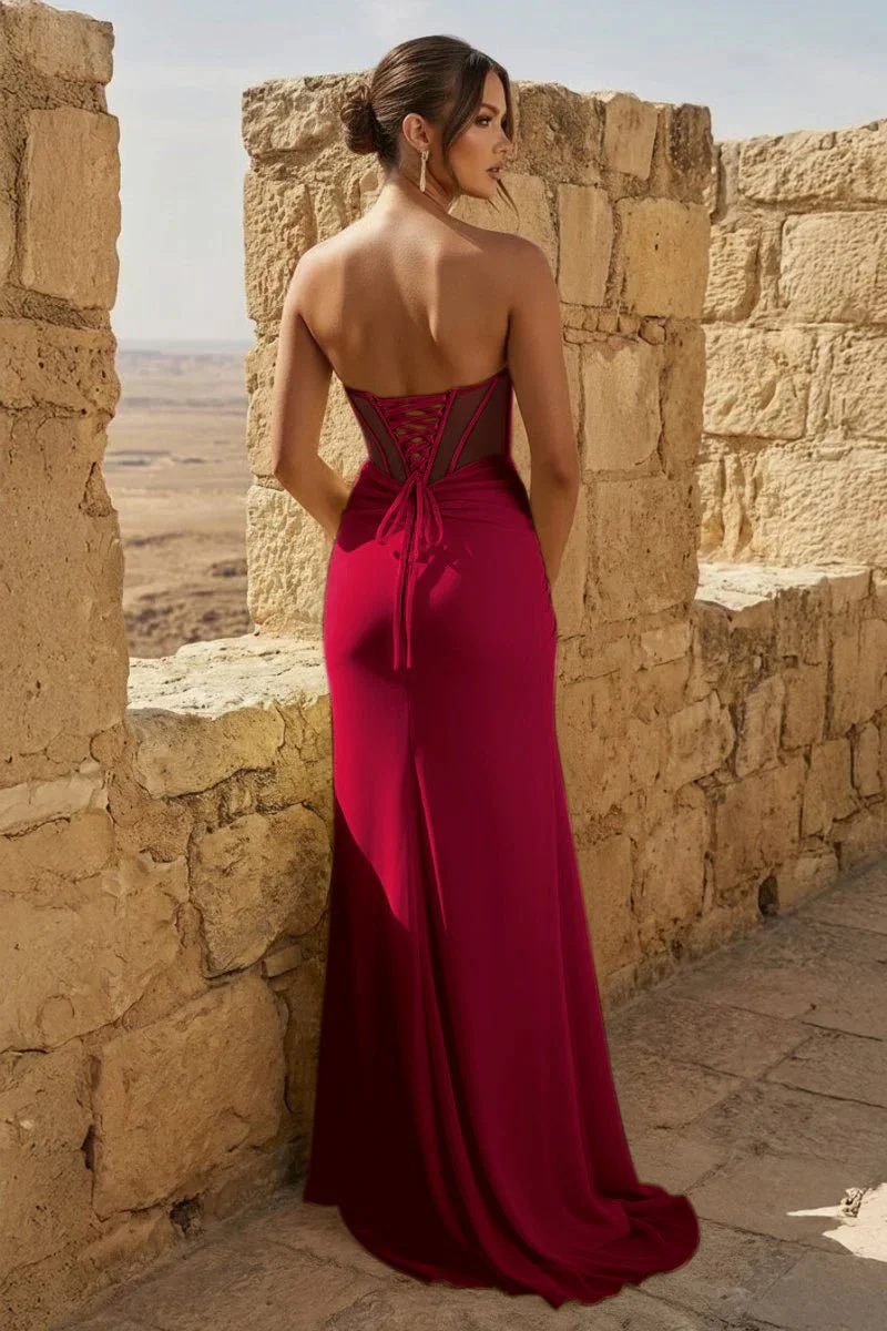 Yellow Strapless Sheath Pleated Long Prom Dresses With Slit