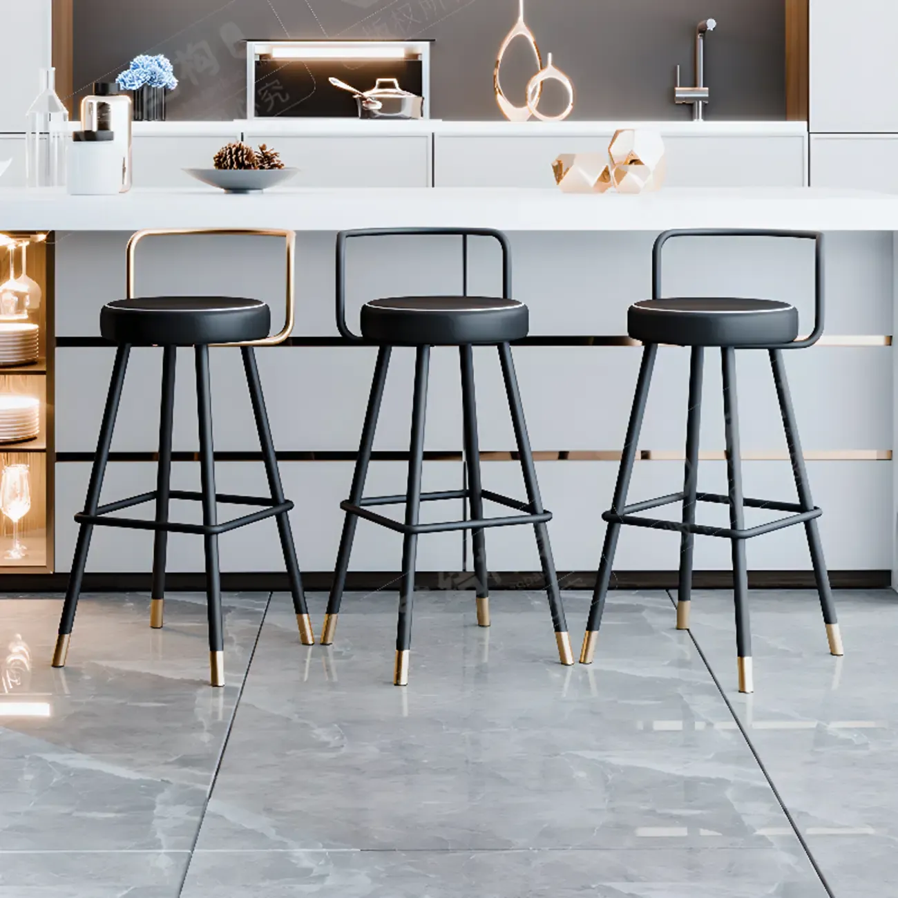 Minimalist Black Metal Upholstered Leather Bar Stool