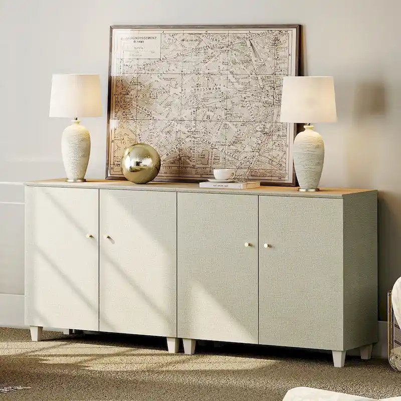 Tall TV Stand with Doors - Faux Linen Finish - 2 Cabinets