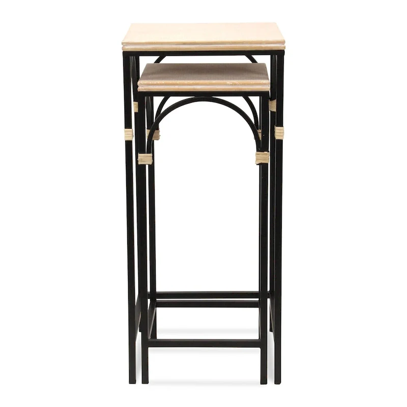 Claudette Set of 2 Rattan Accented Wood & Metal Square Side Tables