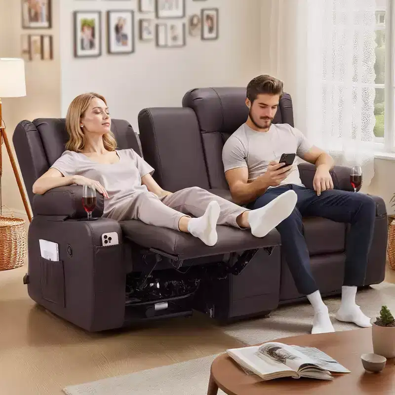 VEVOR Loveseat Recliner Sofa, Manual Reclining Couch with Center Console, PU Faux Leather Recliner Sofa with USB Ports, Cup Holders ,Brown