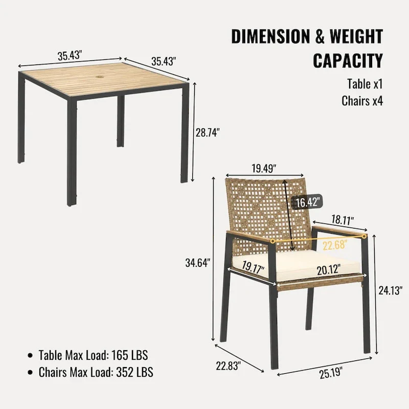 All Weather 5-Piece Patio Dining Set with Umbrella Hole and Acacia Wood Table Top