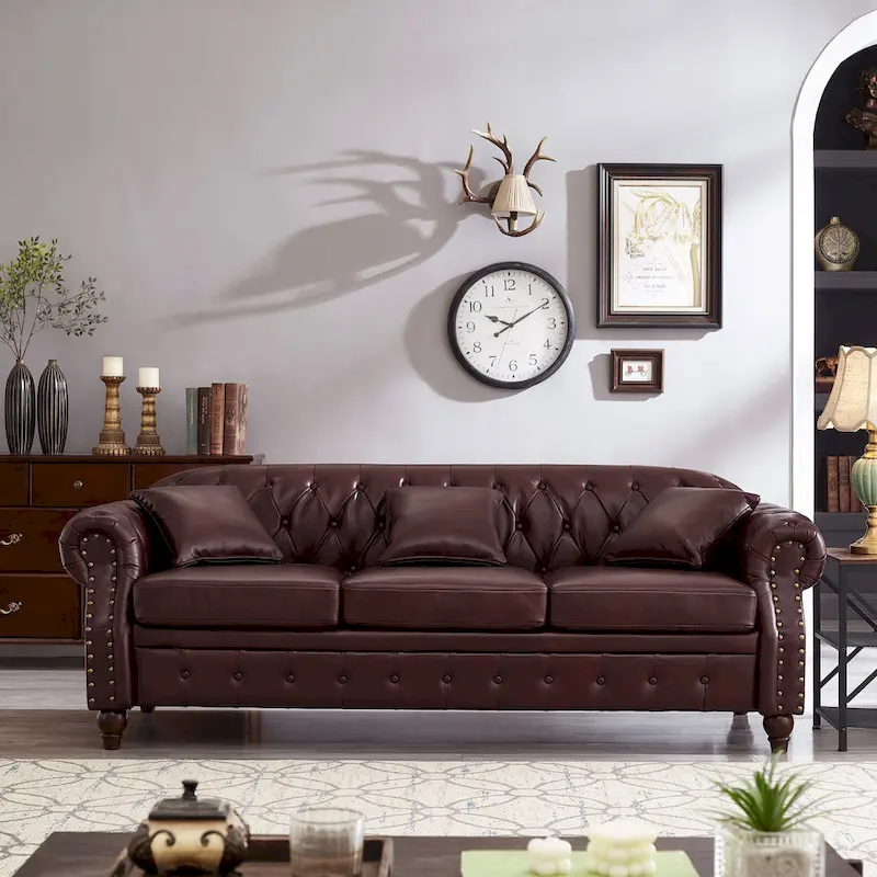 85.8  Technical Leather 3-Seater Sofa with Tufted Backrest & Storage