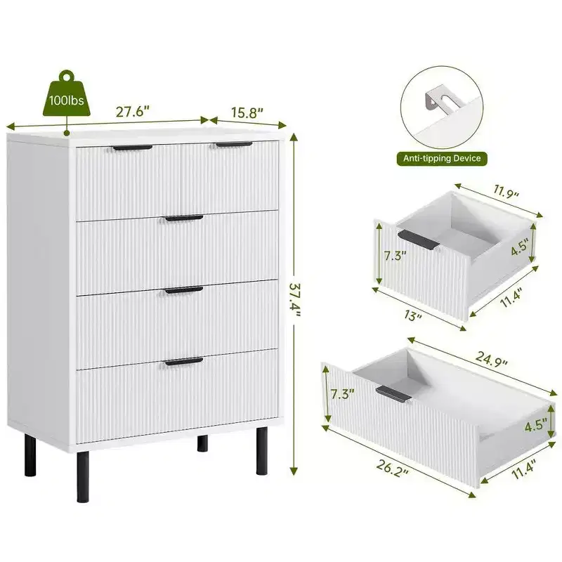 Fluted 5 Drawer Dresser for Bedroom, Modern Wood Chest of Drawers with Wide Drawers, Closet Dresser Organizer with Anti-Tipping Device