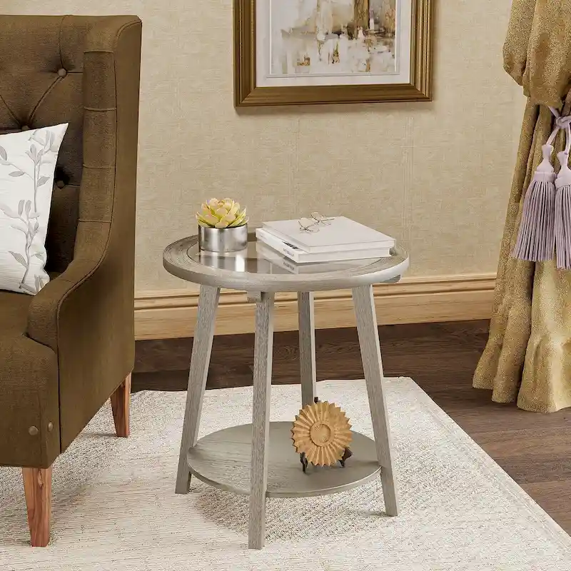 Champagne Round 2-Tier Tempered Glass Coffee Table with Floral Cutout Shelf