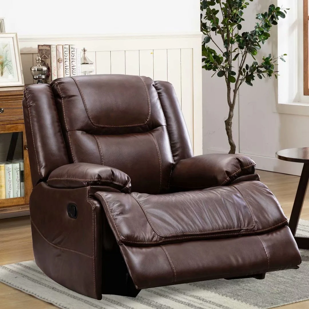Genuine Leather Mid-century Modern Style Manual Recliners Sofa Set