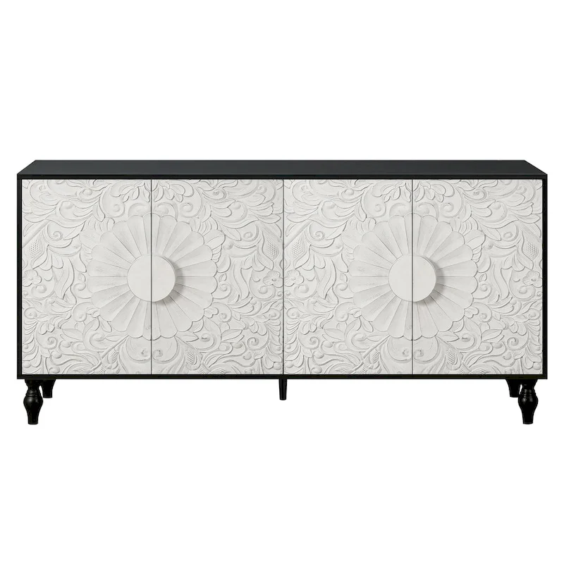 Lily Carved Flower Door Large Storage Sideboard Cabinet with Shelves by GDFStudio