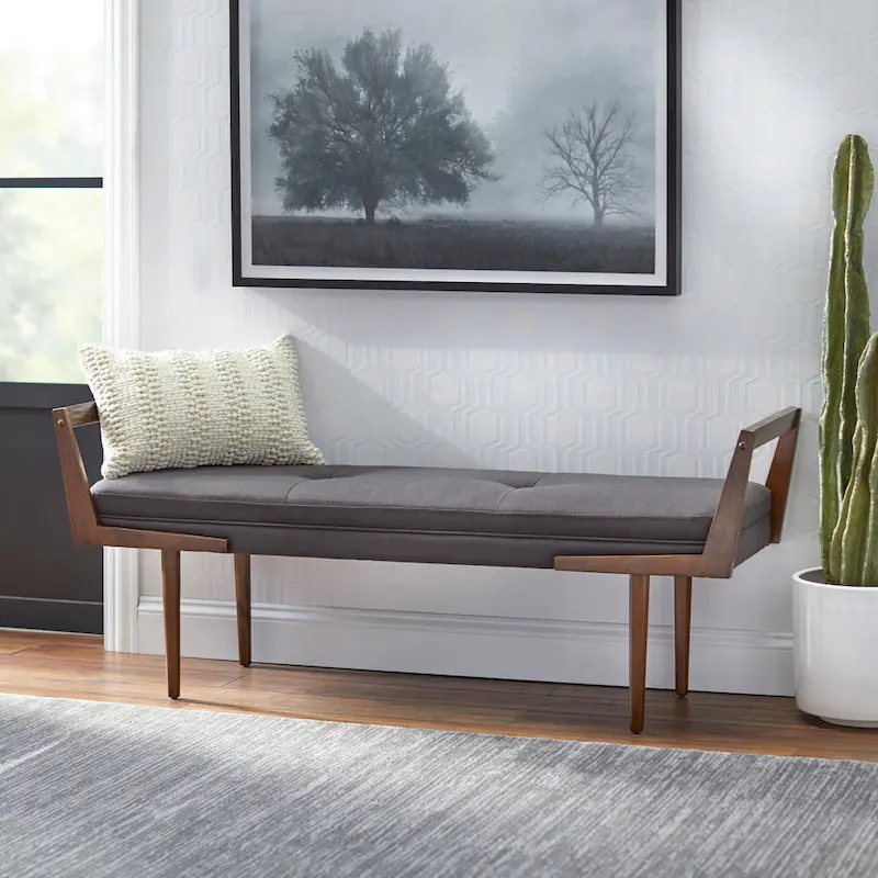 Upholstered Mid-Century Bench with Button Tufting – Taupe / Charcoal Grey / Brown Faux Leather, Walnut Legs