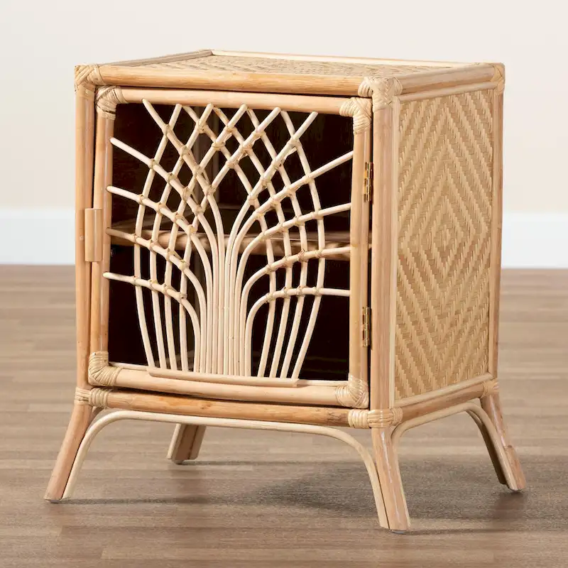 Rattan Nightstand with Woven Door - Natural Brown