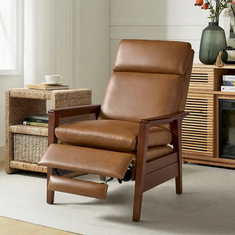 Mid-century Vegan Leather Solid Wood Recliner
