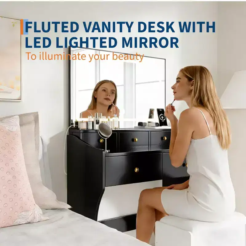31.5 Vanity Set with LED Mirror & Hidden Chair 3-Color Lighting Dressing Table with Power Outlet & Hairdryer Holder, Compact Makeup Desk for Bedroom