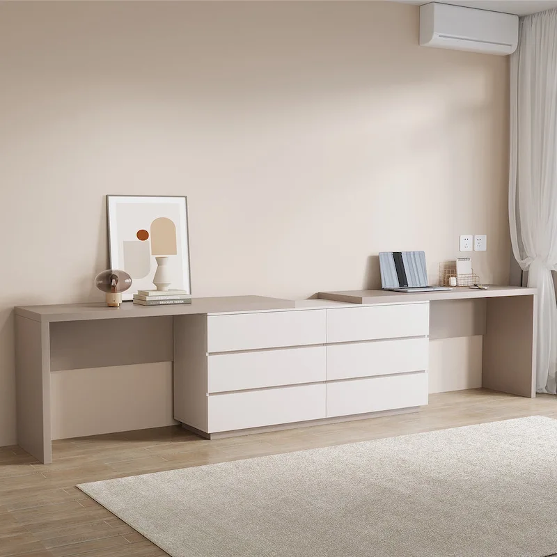 Expandable Home Office Desk 102-144 Inch Adjustable Length with 6 Drawers Modern Dual-Color MDF Dresser Desk for 2 People