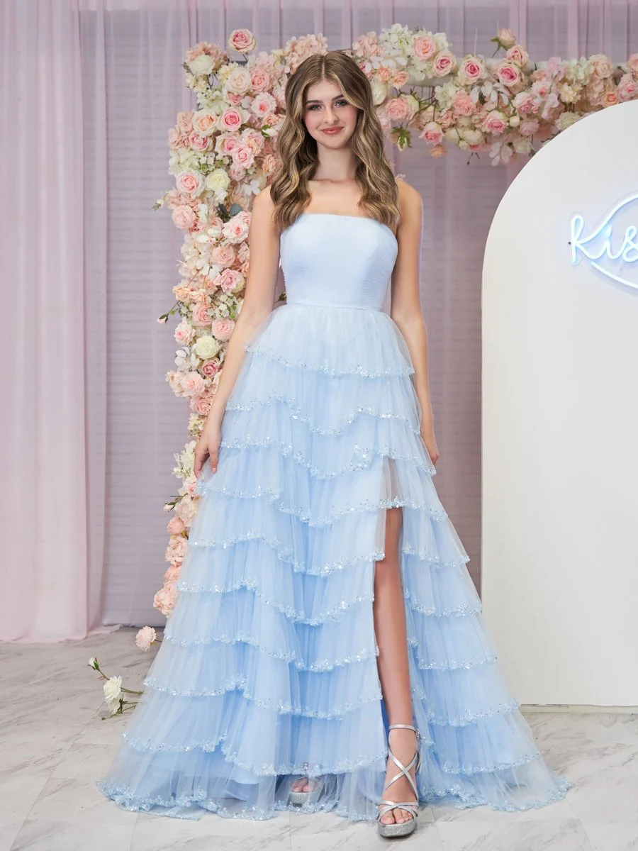 Sky Blue Strapless Layered Tulle Prom Dress with Sequins