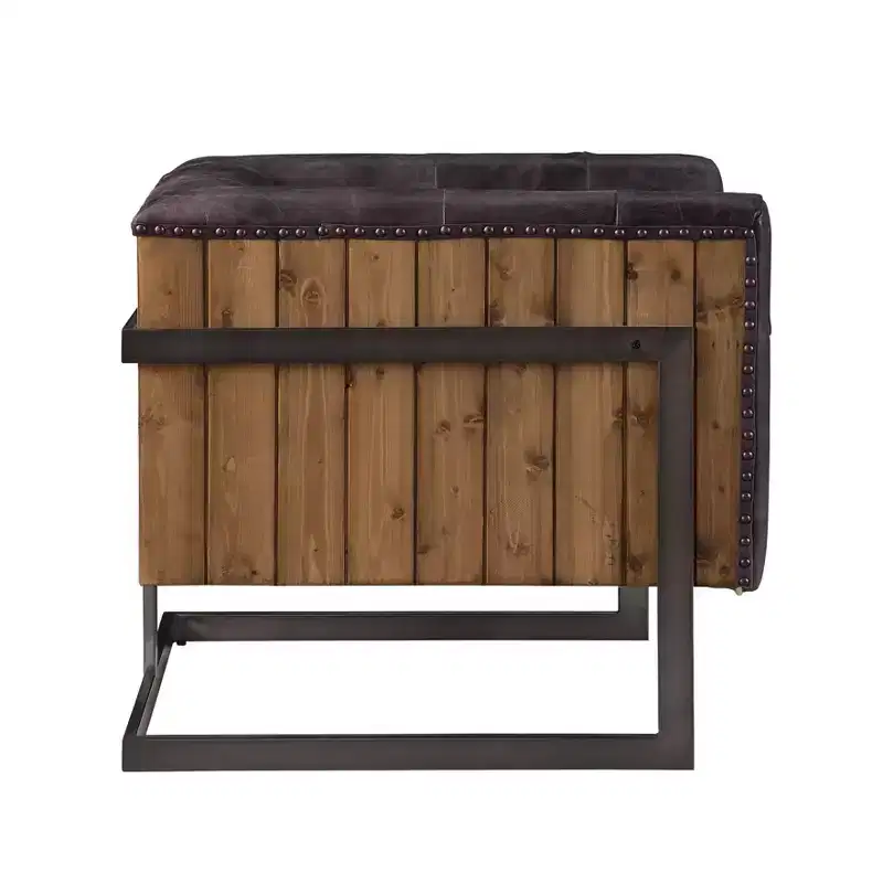 31" Sagat Accent Chair Antique Black Top Grain Leather/Rustic Oak - Acme Furniture: No Assembly, Metal Frame, Spot Clean
