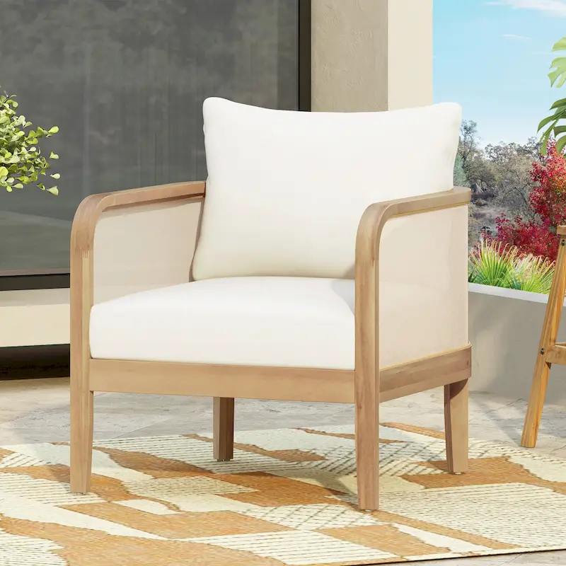 Linksy Modern Acacia Wood Outdoor Club Chair with Beige Cushions by Christopher Knight Home