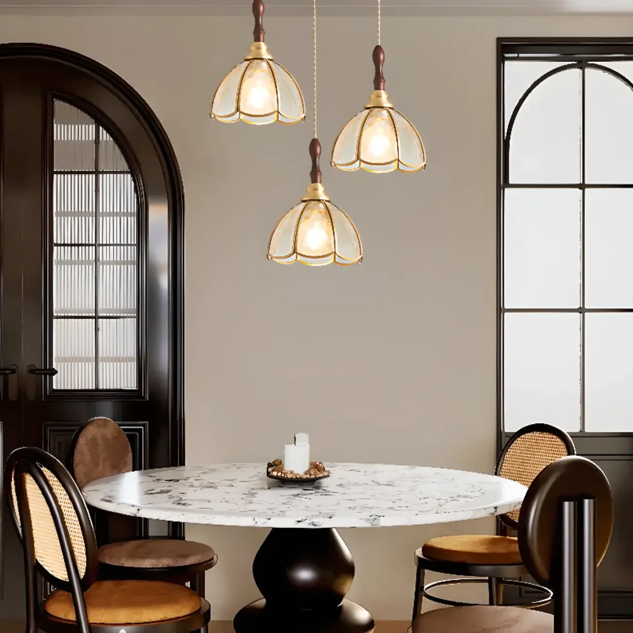 3-Light Glass Brass Floral Dining Pendant Light