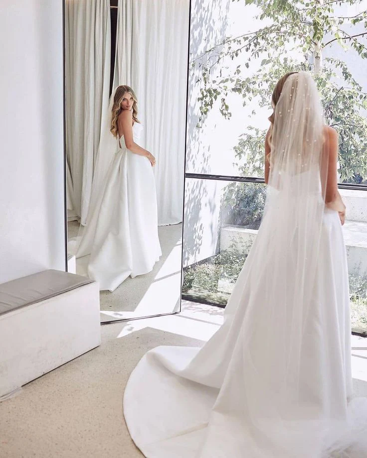 A-Line White Sleeveless Satin Wedding Dress With Side Slit