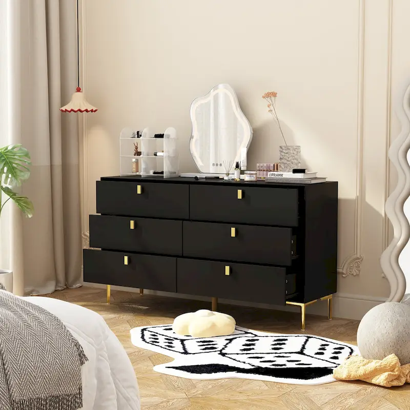 Black / Navy Blue / White Modern 6-Drawer Dresser with Gold Knobs – Single