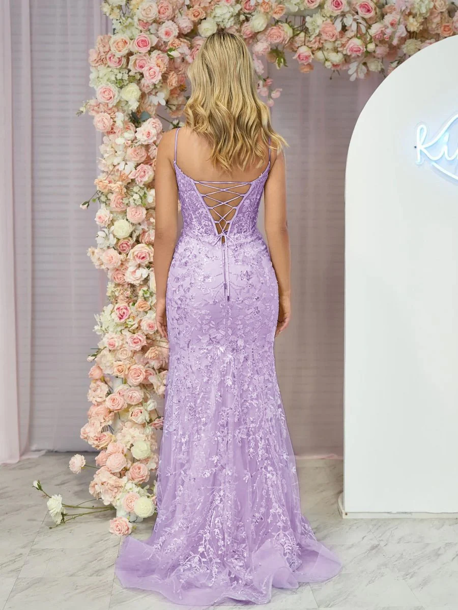 Straps Sky Blue V-Neck Sequin Appliques Mermaid Prom Dress