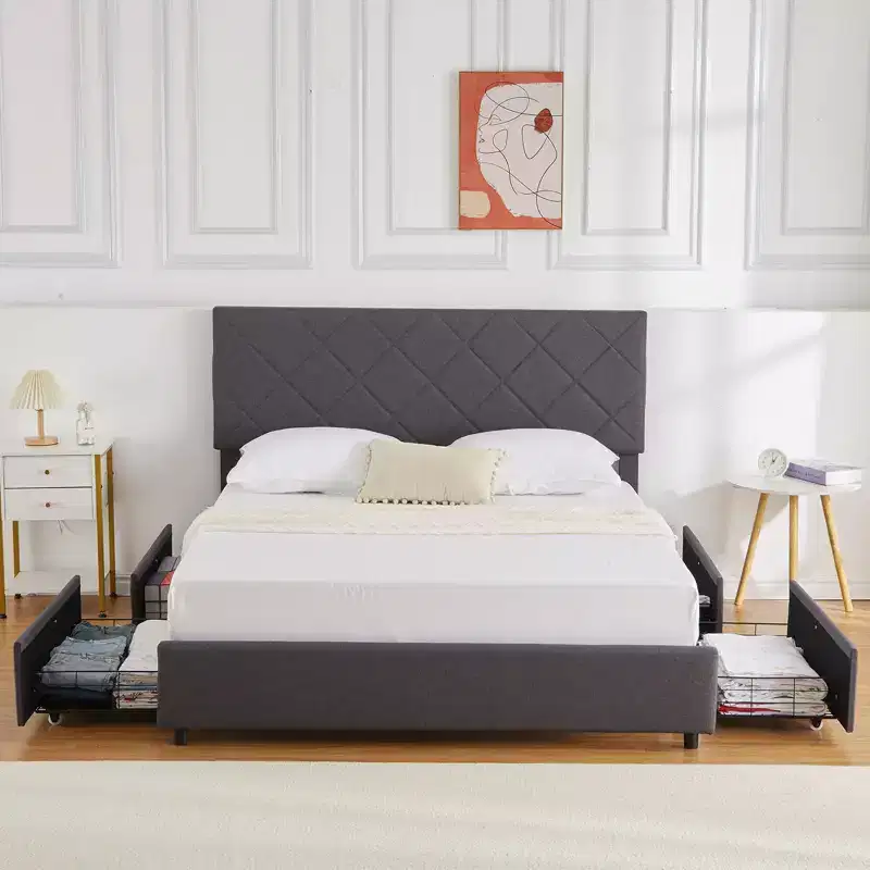 Queen Size Bed Frame with Adjustable Headboard, Upholstered Bed Frame with 4 Storage Drawers, Noise-Free, No Box Spring Needed