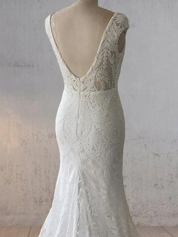 White Mermaid Cap Sleeve Lace Wedding Dress