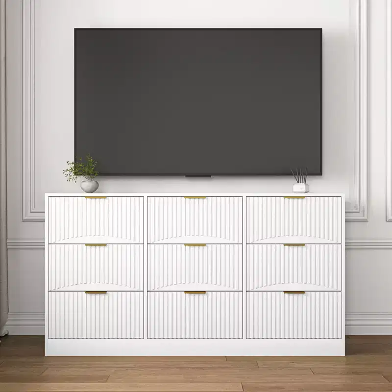 JVNOXK 63-inch Large Wooden Nine-Drawer Chest with nine deep drawers, suitable for bedrooms. Drawer fronts feature a wavy pattern. White