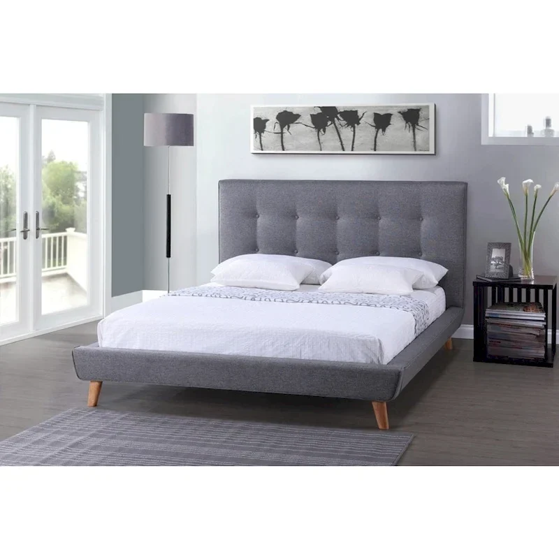 Mid-century Grey Upholstered Platform Bed