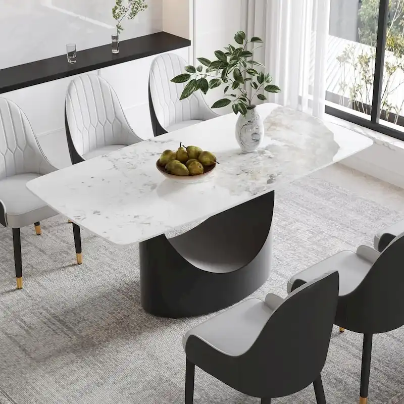 71  Black Marble Sintered Stone Table Top,Rectangle Dining Room Table with Unique U-Shape Black Carbon Steel Pedestal