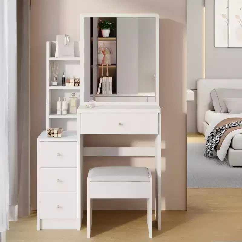 Okak Vanity Table Mirror with Lights and Table Set,29.2 Small Space Left Bedside Cabinet Vanity Table with Multi Layer High Capacity Storage,White