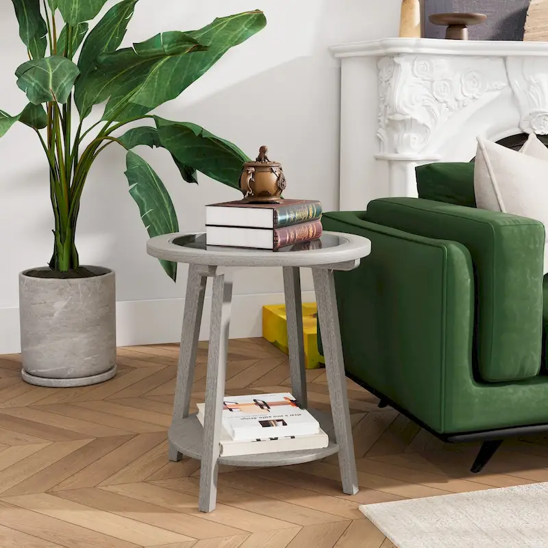 COSIEST Champagne Round Solid Wood Tempered Glass Coffee Table