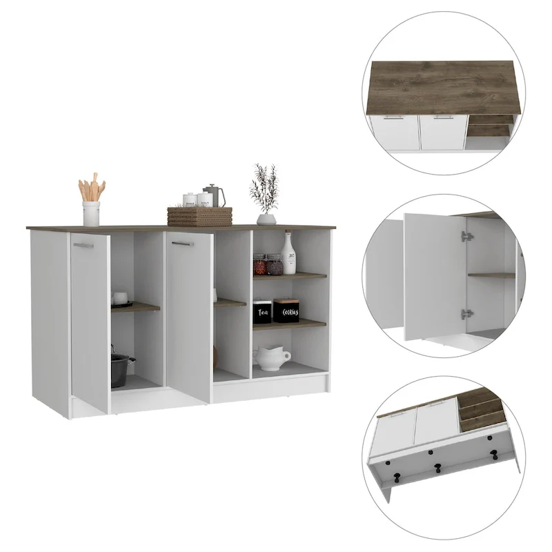 FM Furniture Gladiolus Kitchen Island, Two Cabinets, Three Open Shelves